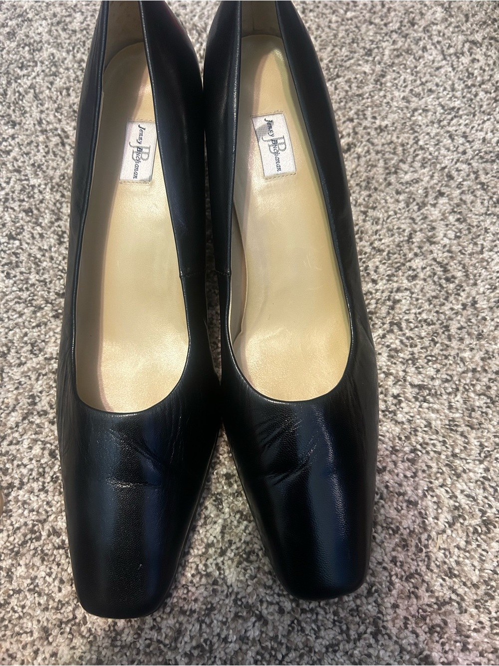 Jenny Buchanan Black Leather Square-Toe Heels